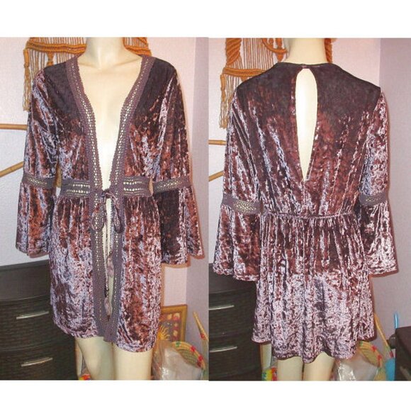 Vtg Velvet Kimono Size S Crochet Bell Sleeves Witchy Fairy Grunge Vamp Y2K 90s - Picture 1 of 11